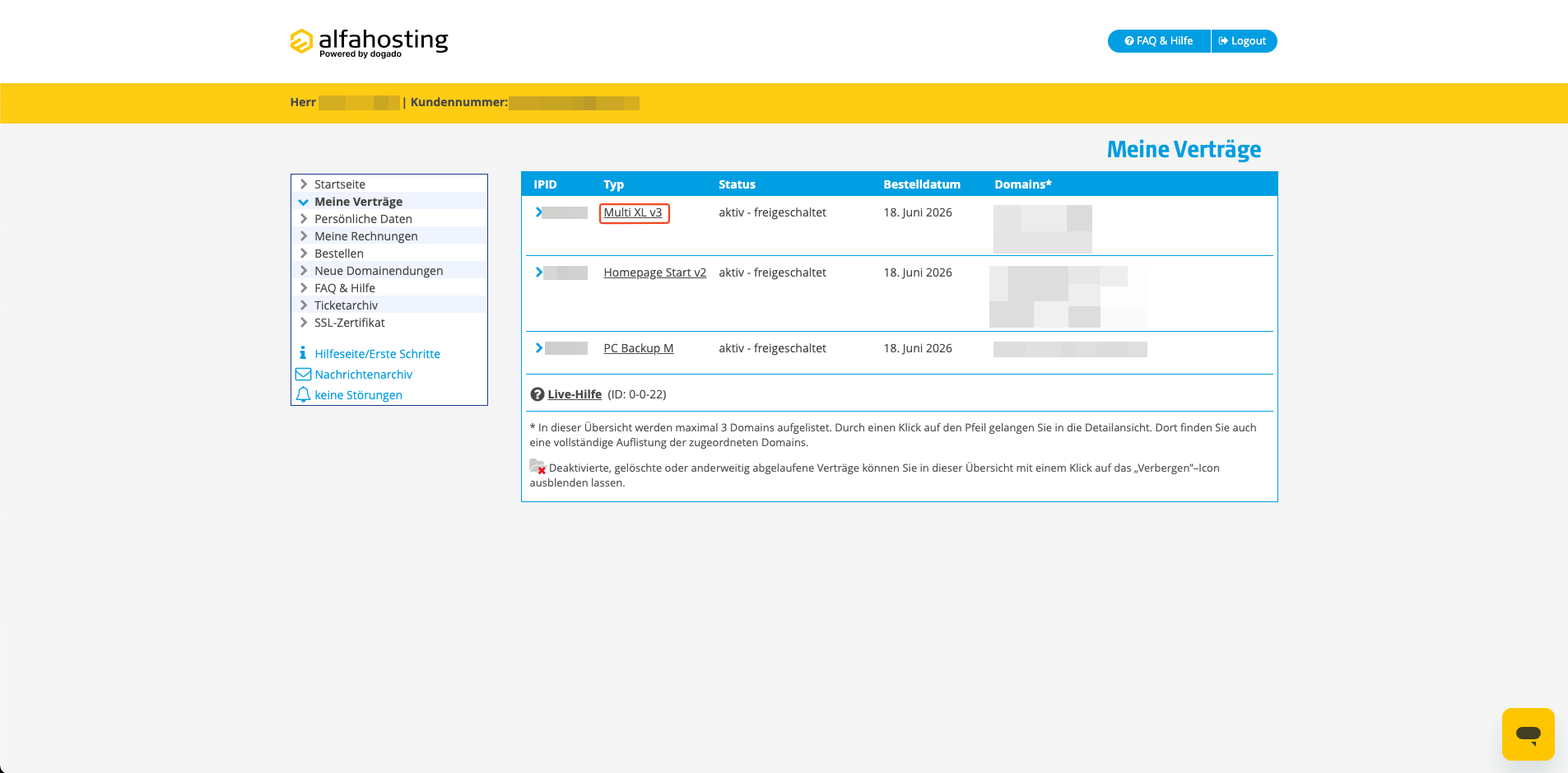 Auswahl eines Webhosting-Pakets in der Vertragsübersicht