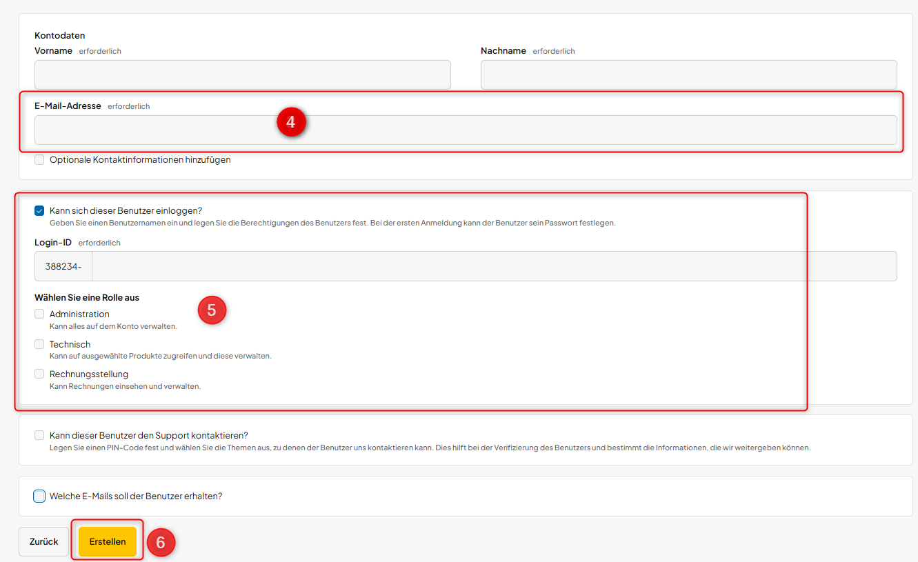 E-Mail-Adresse und Loginberechtigung für den Benutzer festlegen