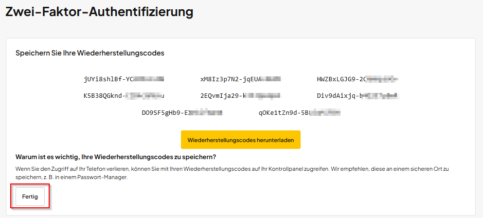 Wiederherstellungscodes herunterladen