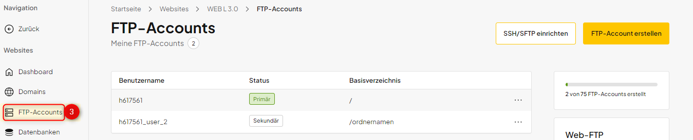 Bereich FTP-Accounts in oneHome öffnen