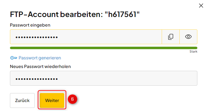 Neues Passwort für den FTP-Benutzer eingeben