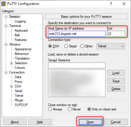 Servername und Port 22 in PuTTY eintragen