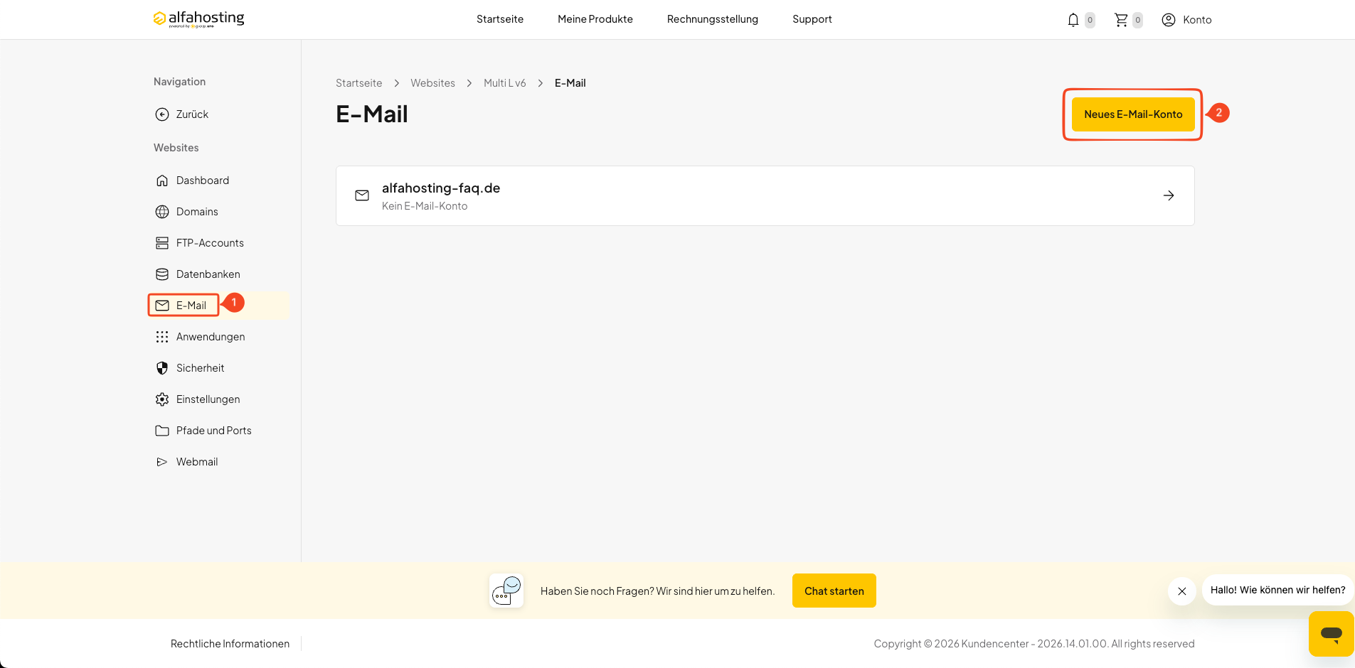 Bereich E-Mail mit der Schaltfläche Neues E-Mail-Konto in oneHome