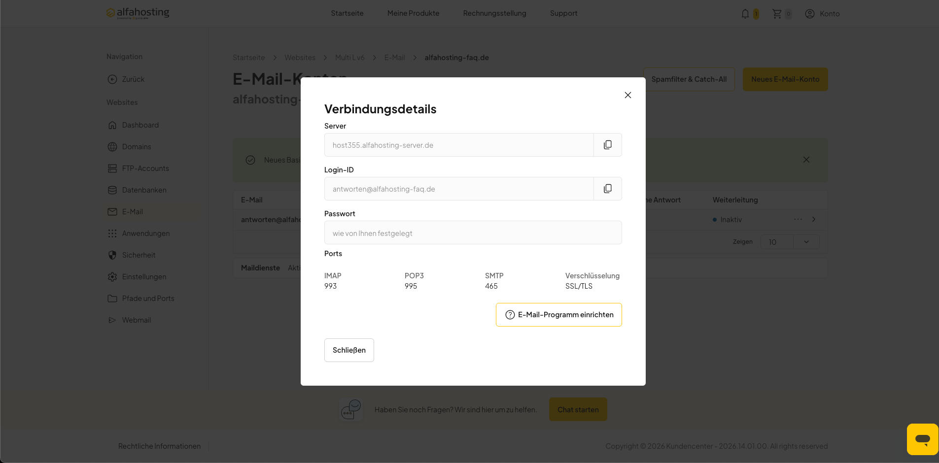 Server- und Verbindungsdaten der erstellten E-Mail-Adresse in oneHome