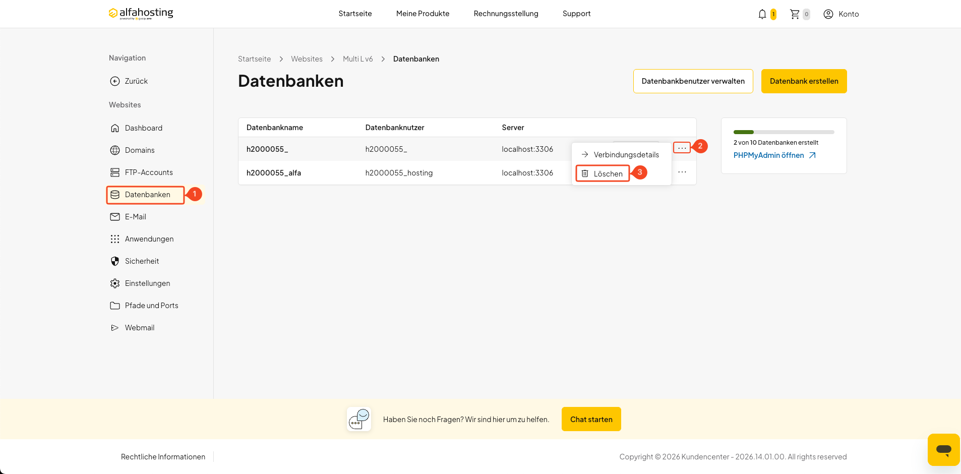 Datenbank über das Drei-Punkte-Menü in oneHome löschen