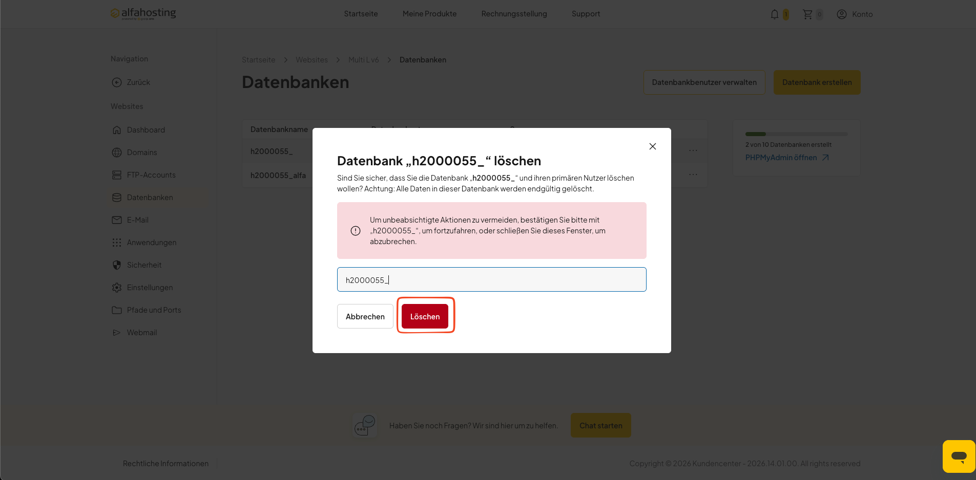 Vollständigen Datenbanknamen zum Bestätigen der Löschung eingeben