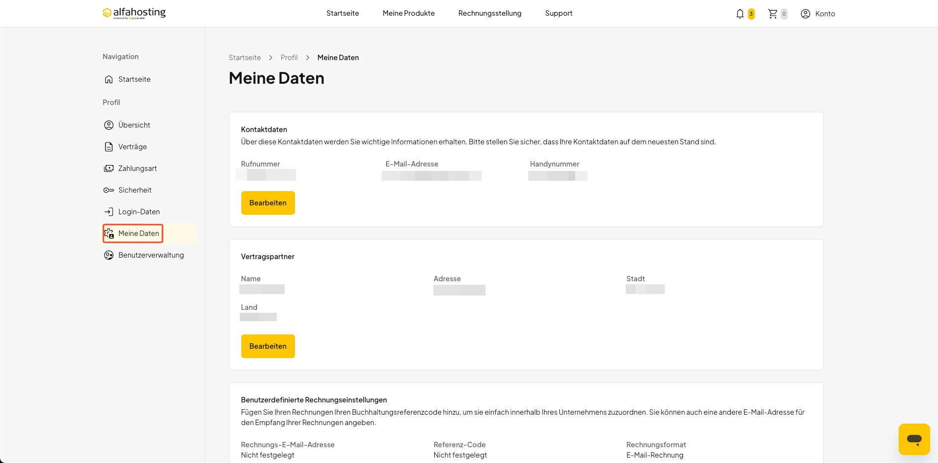 Bereich Meine Daten in der Kontoübersicht von oneHome öffnen