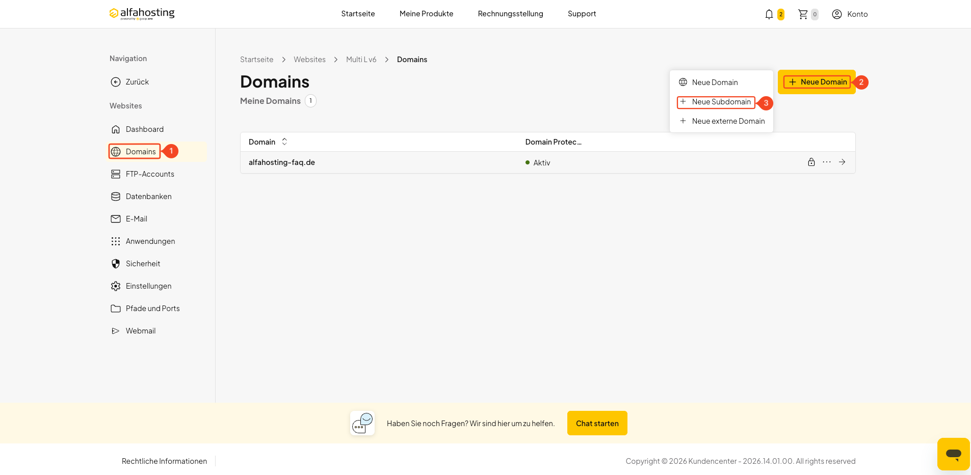 Neue Domain öffnen und Neue Subdomain auswählen