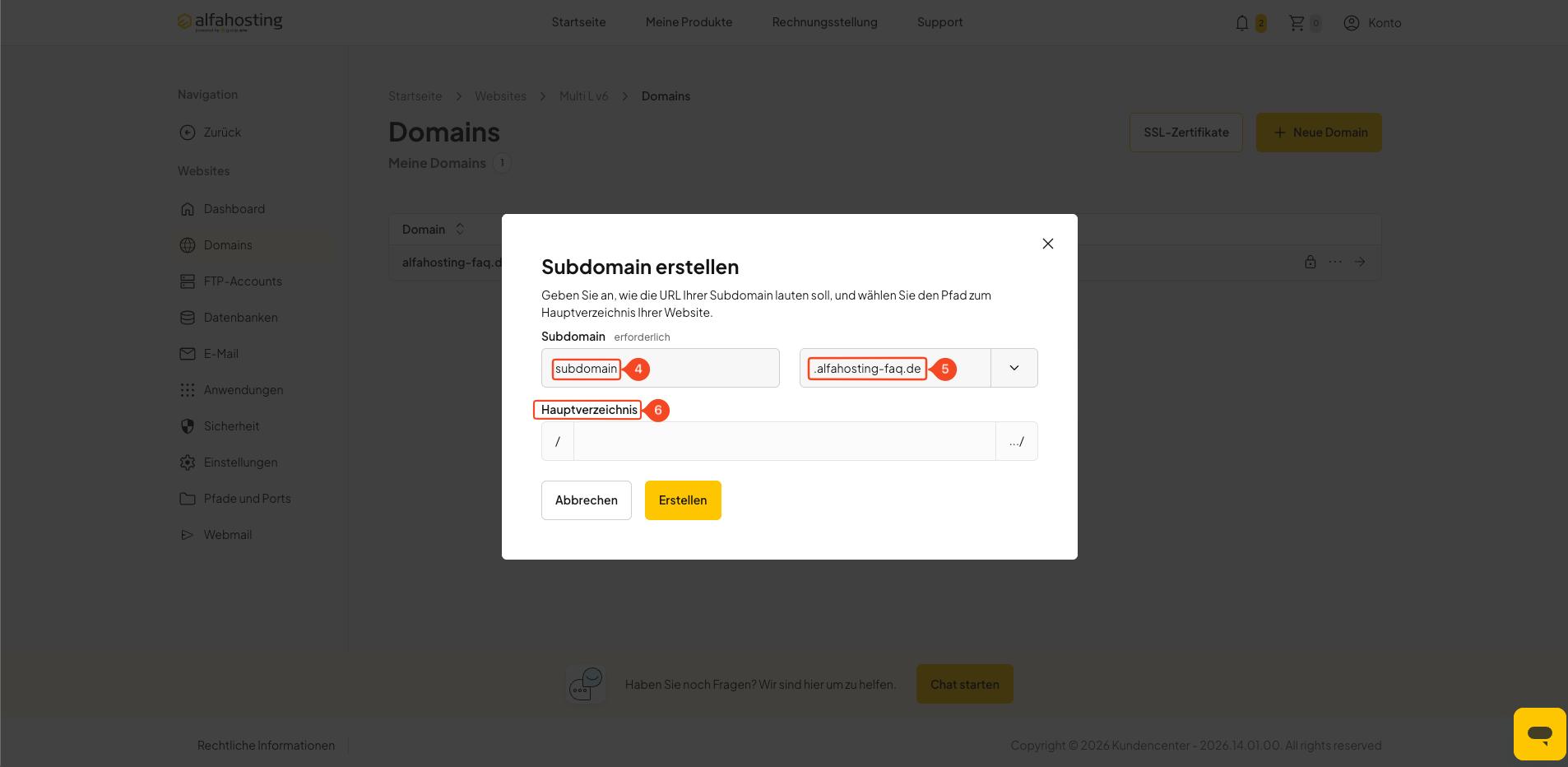 Hauptverzeichnis der Subdomain auswählen