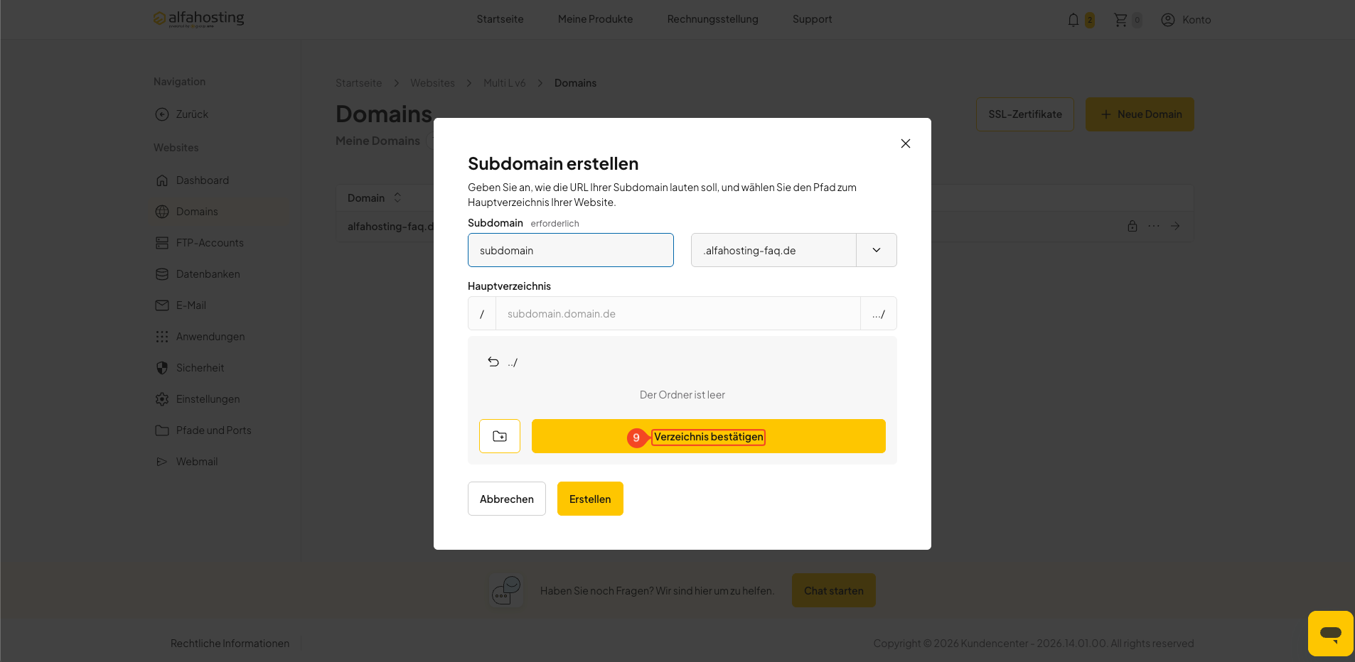 Subdomain mit dem ausgewählten Hauptverzeichnis erstellen