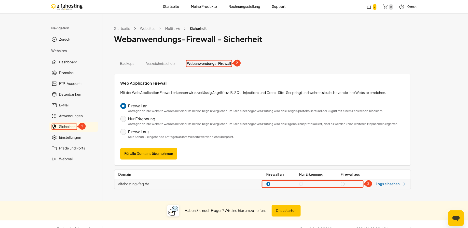 Betriebsart der Web Application Firewall in oneHome auswählen
