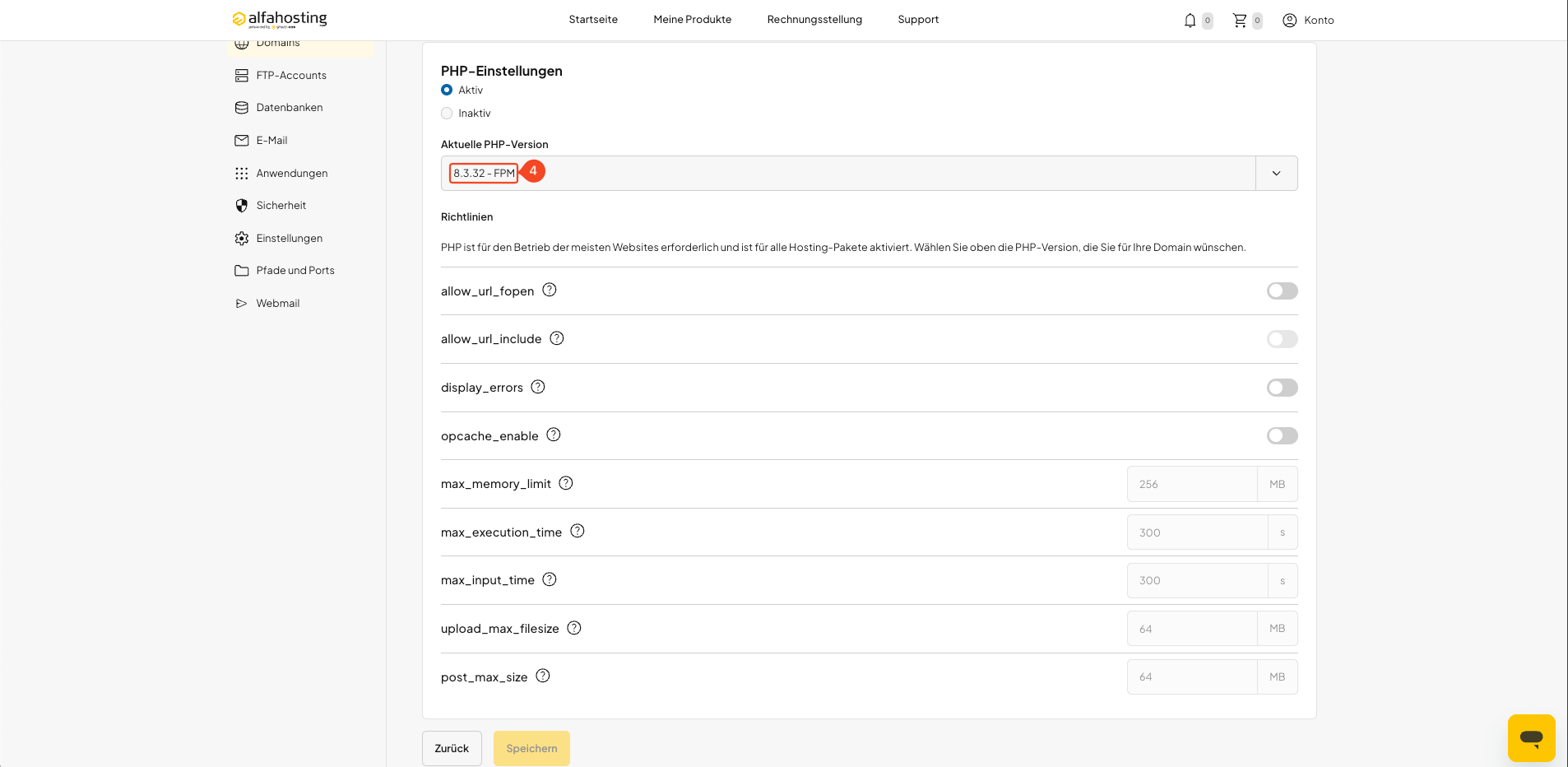 PHP-Version und PHP-Optionen einer Domain anpassen und speichern