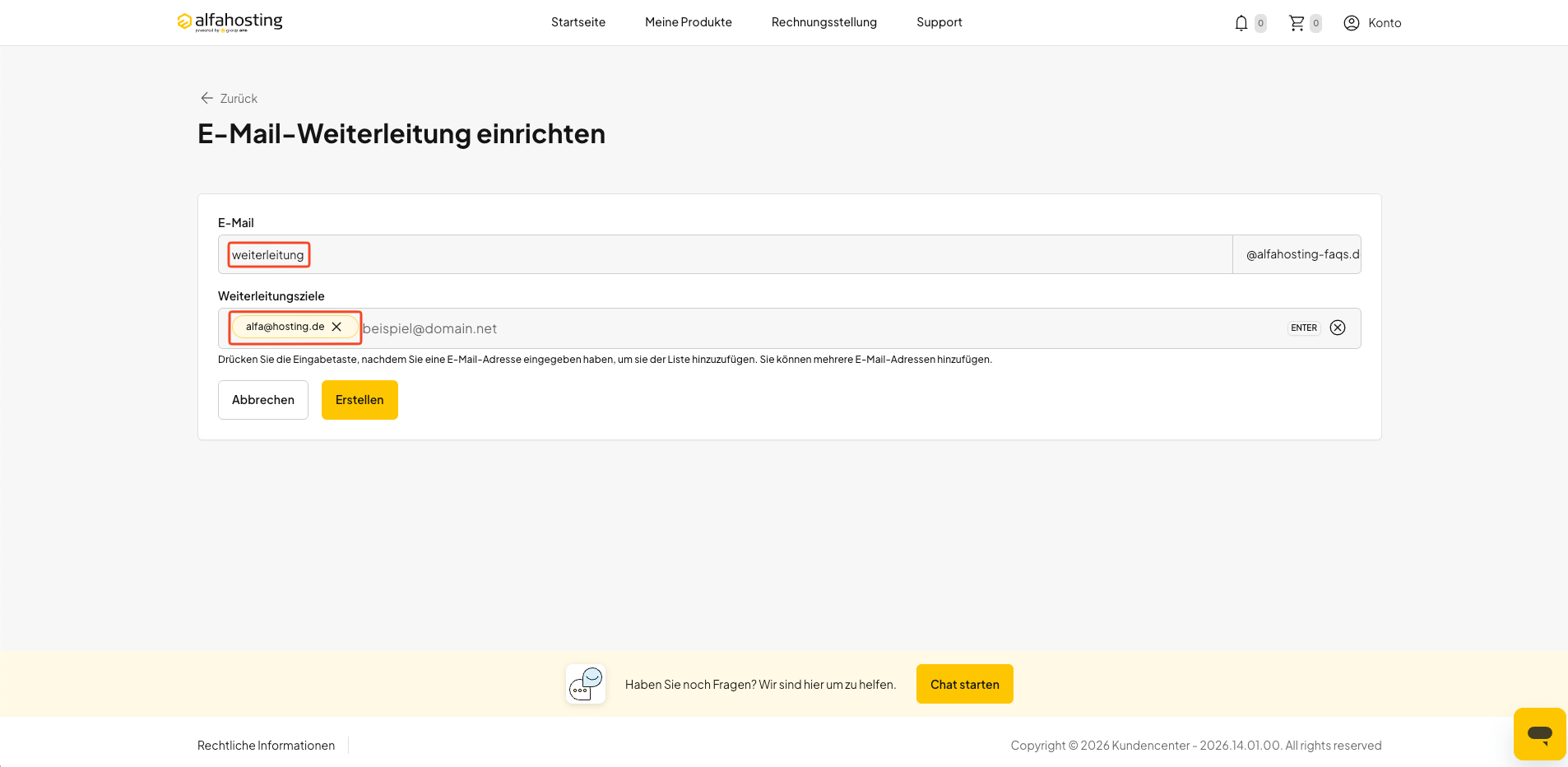 E-Mail-Adresse und Zieladresse eingeben und Weiterleitung erstellen