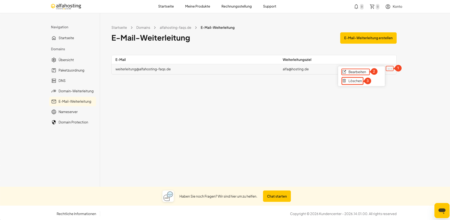 E-Mail-Weiterleitung über das Drei-Punkte-Menü bearbeiten oder löschen