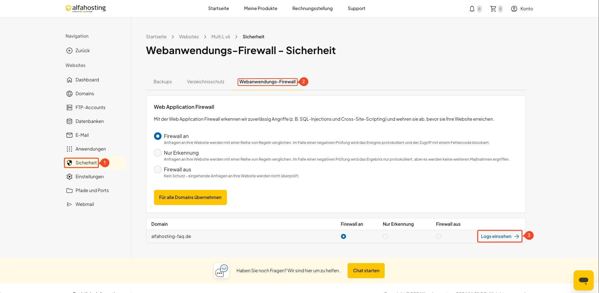 WAF-Protokolle einer Domain über Logs einsehen aufrufen