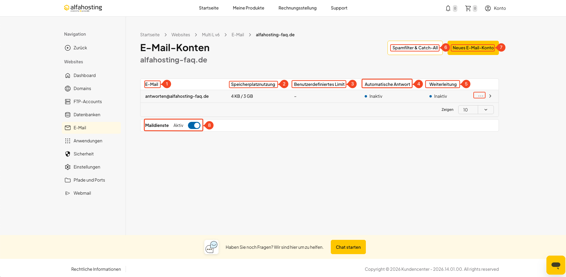 Übersicht der E-Mail-Postfächer einer Domain in oneHome