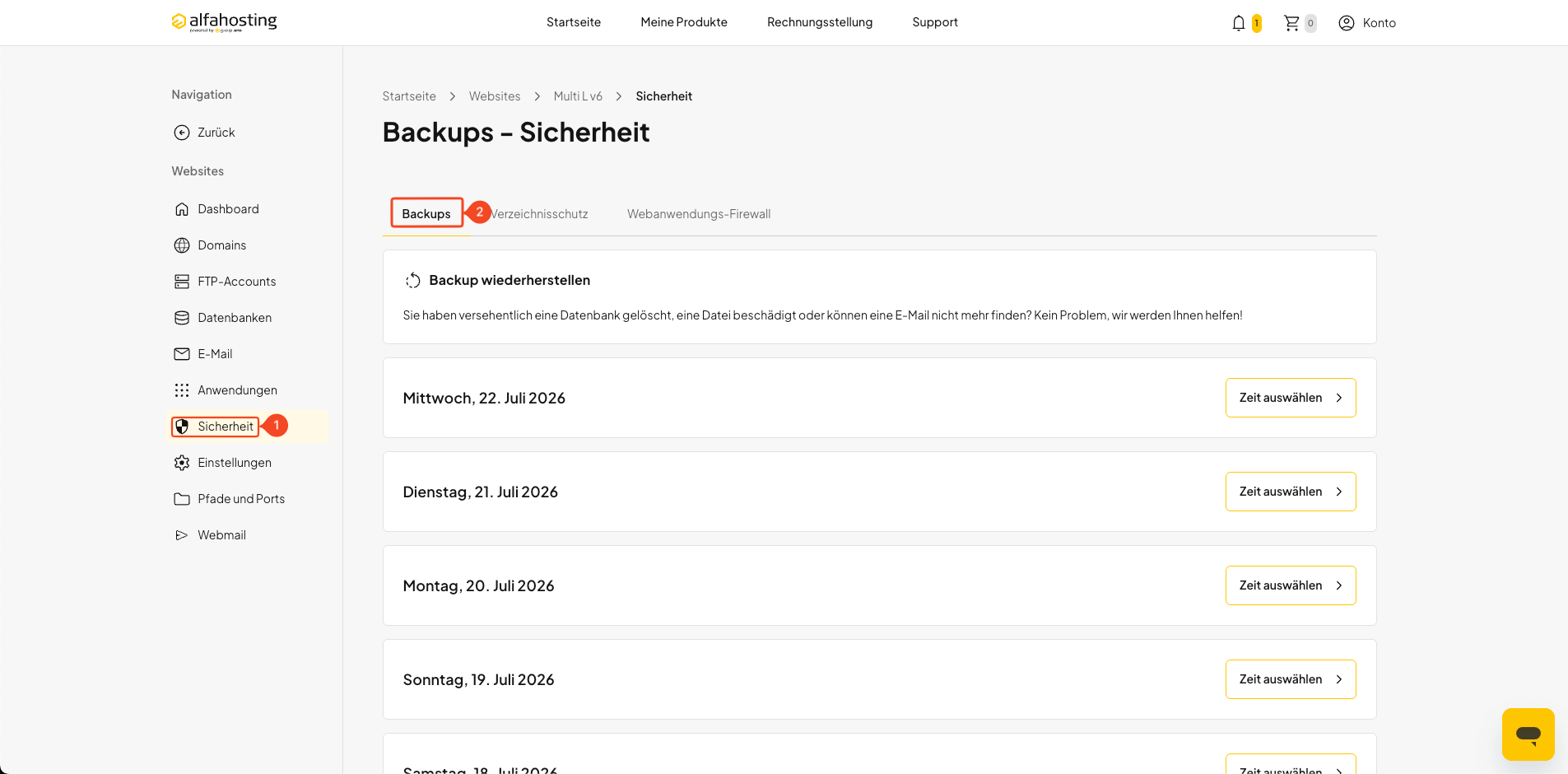 Bereich Backups unter Sicherheit in oneHome öffnen