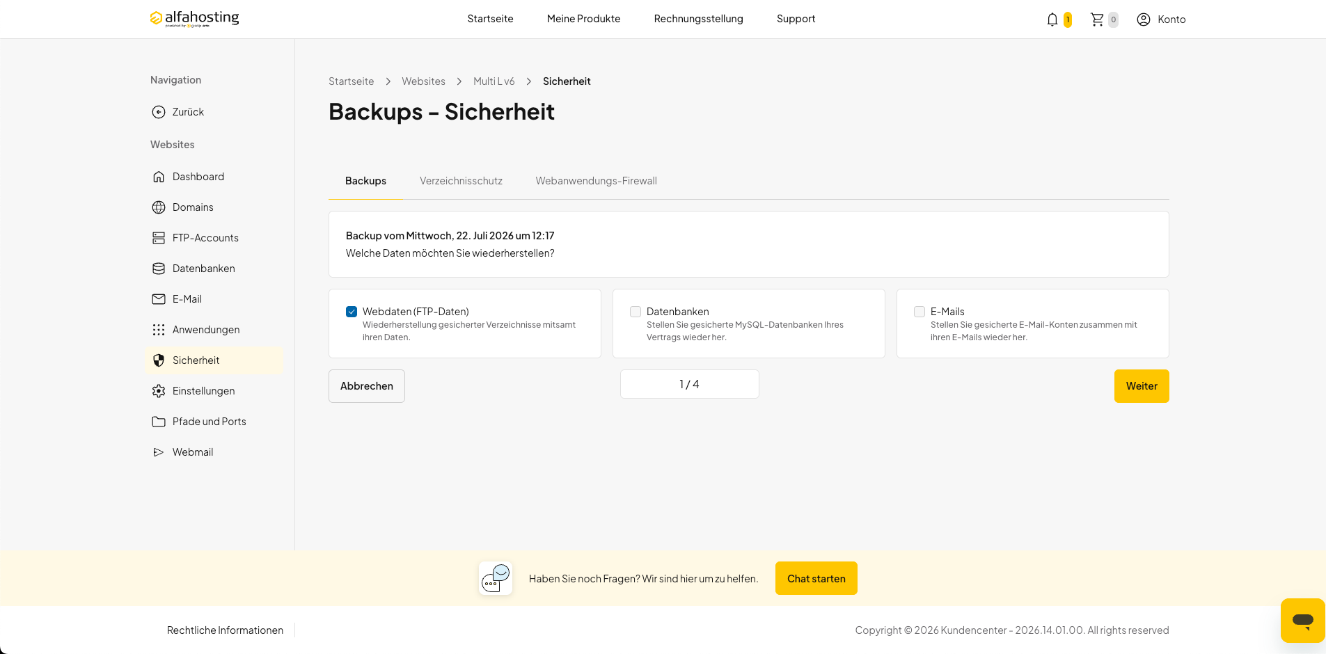 Webdaten, Datenbanken oder E-Mails zur Wiederherstellung auswählen