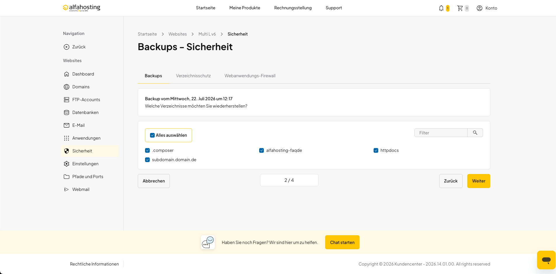 Einzelne Daten oder alle verfügbaren Daten zur Wiederherstellung auswählen