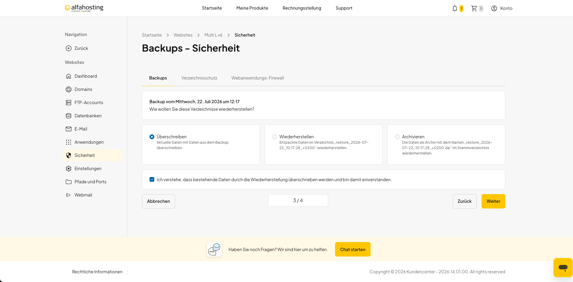 Wiederherstellungsart für die ausgewählten Daten festlegen