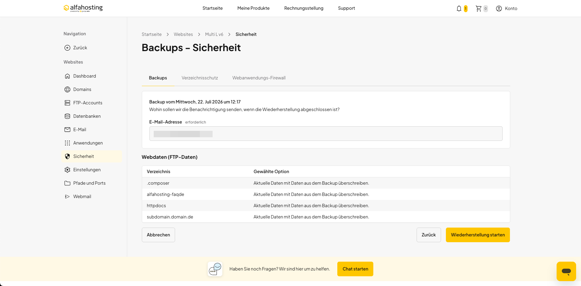 Warnhinweis für die Wiederherstellungsart Überschreiben bestätigen