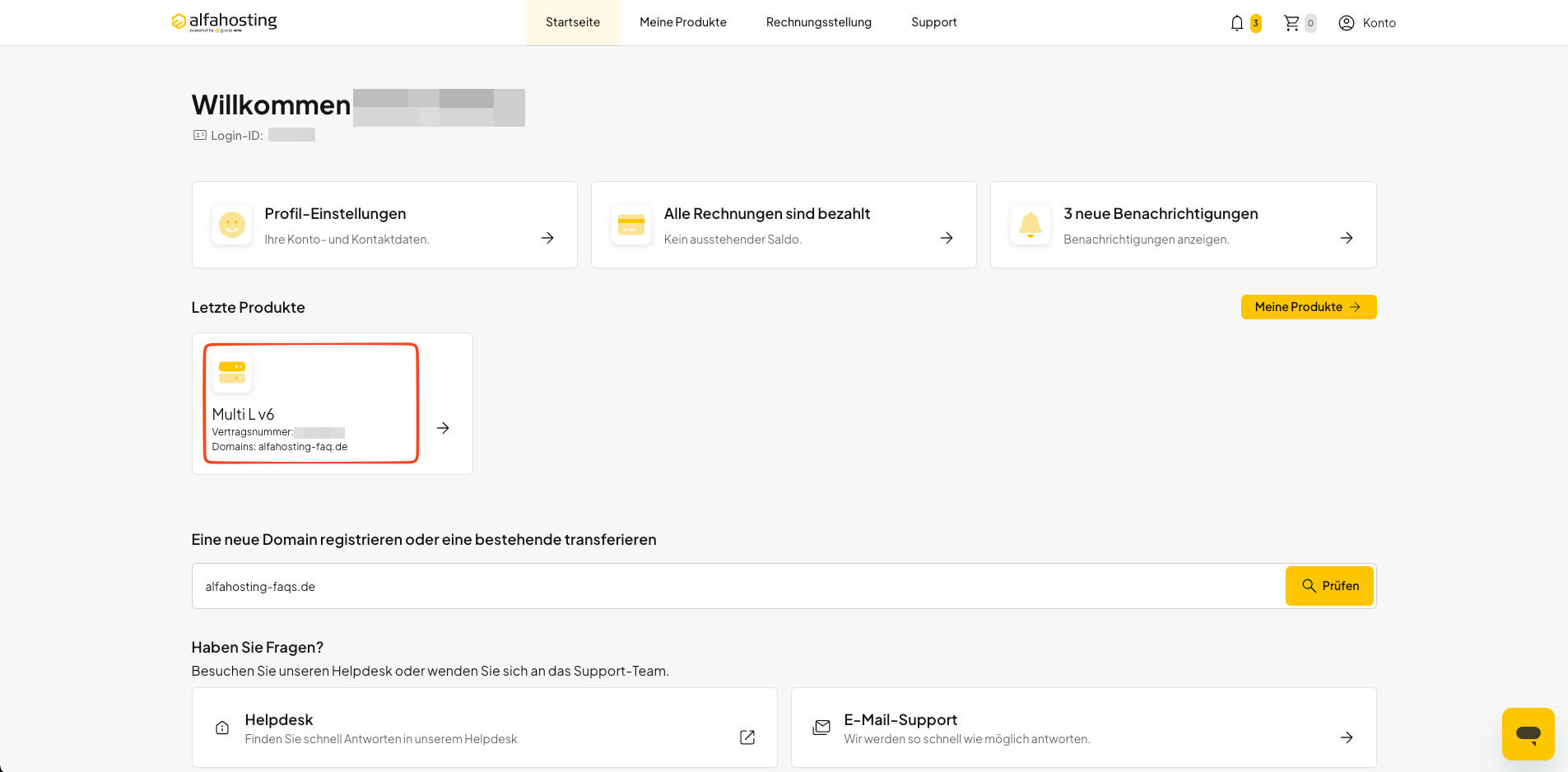 Webhosting- oder WordPress-Hosting-Paket in oneHome öffnen