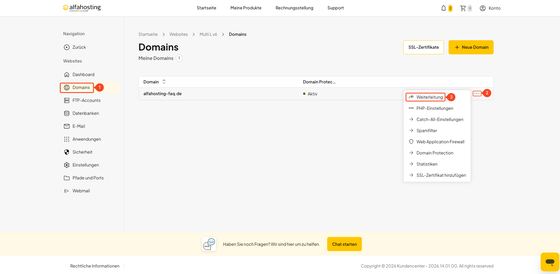 Weiterleitung über das Drei-Punkte-Menü der Domain öffnen