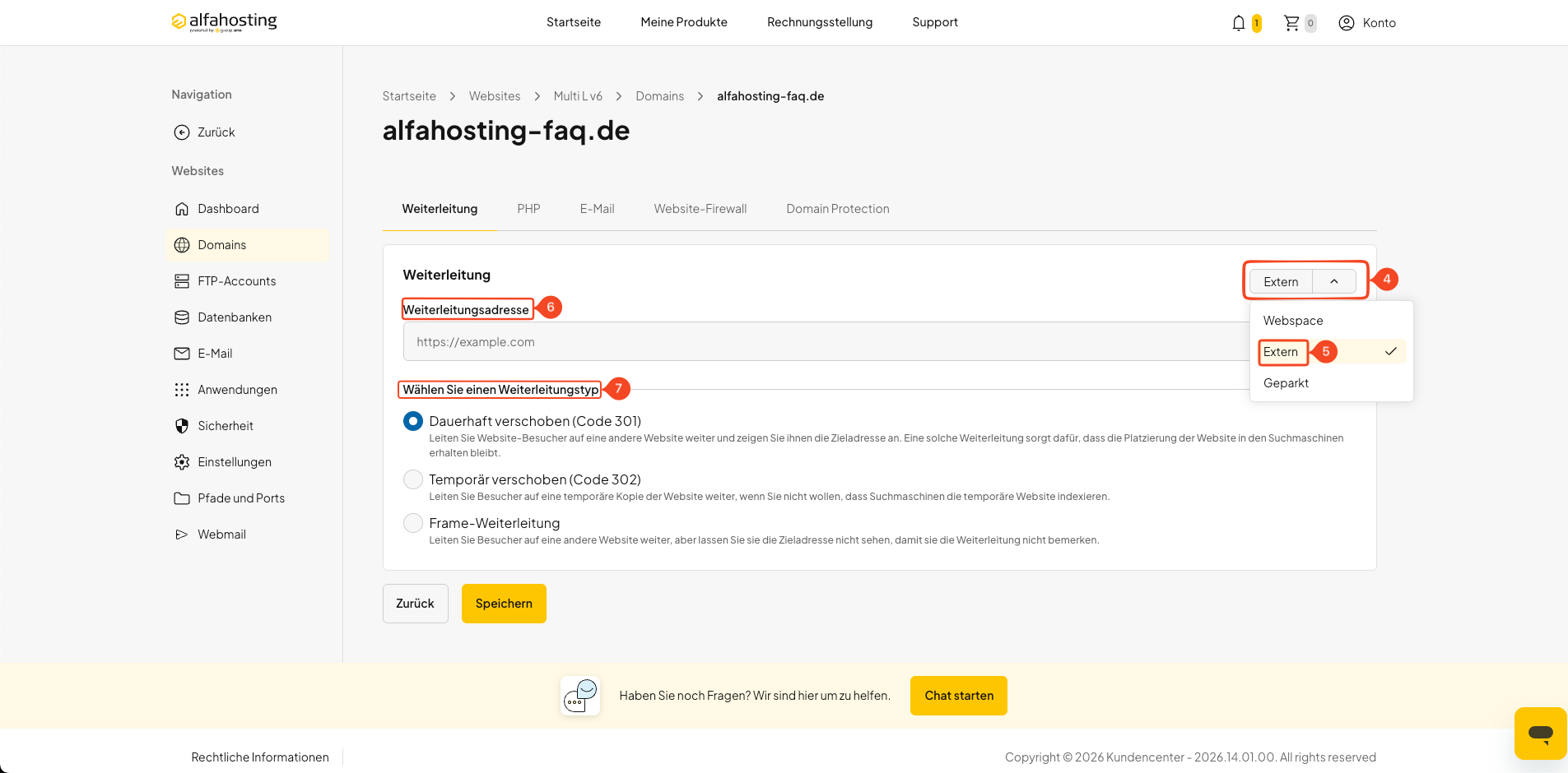 Zieladresse und Weiterleitungstyp festlegen und Domain-Weiterleitung speichern