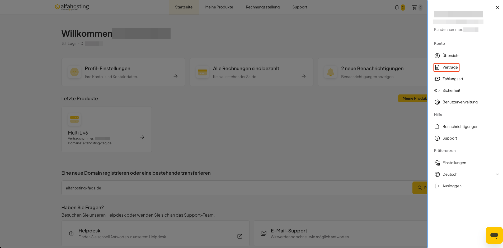 Bereich Verträge im Kontomenü von oneHome auswählen