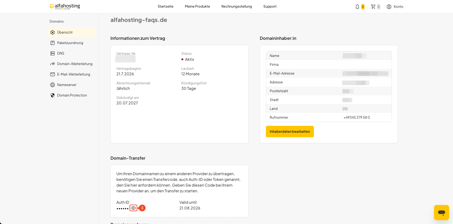 AuthCode im Bereich Domain Transfer über das Augensymbol anzeigen