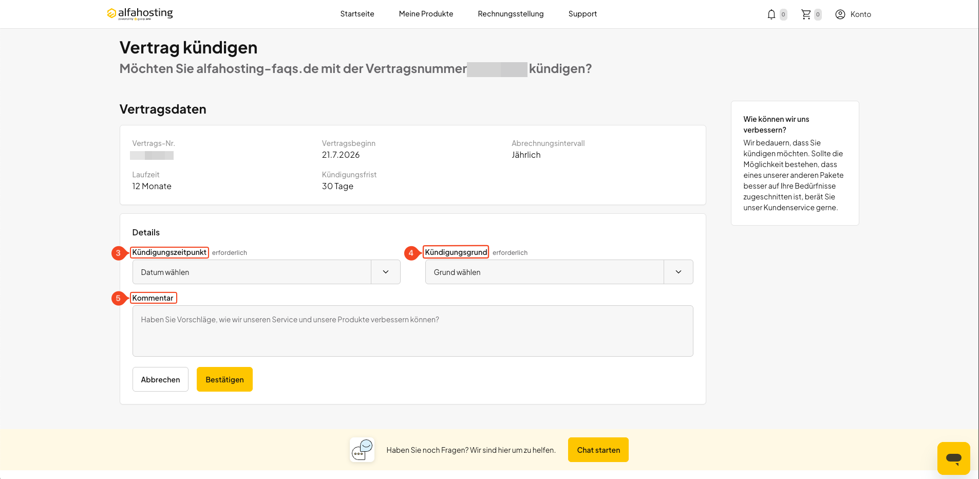 Kündigungstermin und Kündigungsgrund in oneHome auswählen
