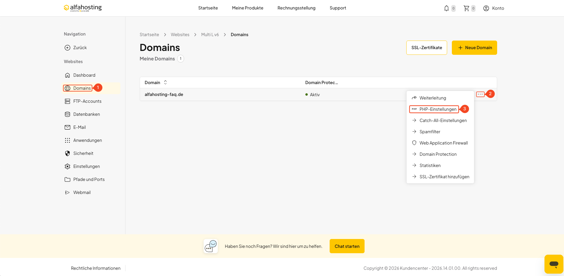 PHP-Einstellungen einer Domain über das Drei-Punkte-Menü öffnen