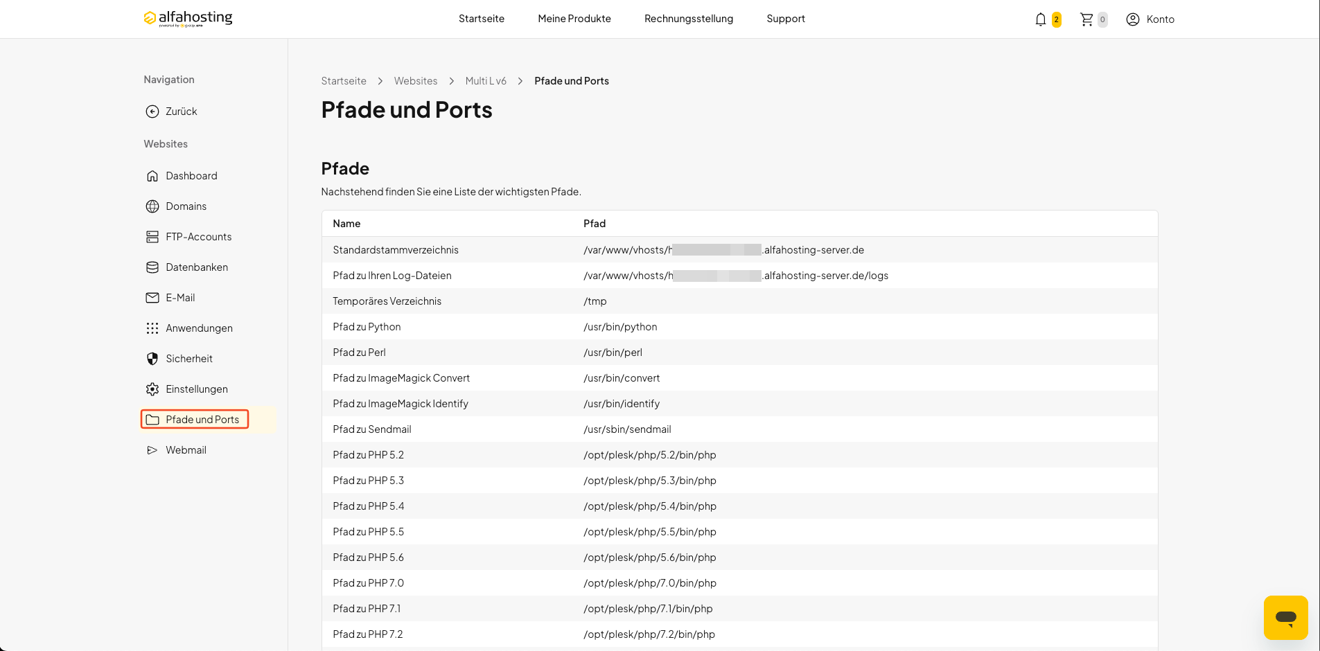 Bereich Pfade und Ports in der Paketverwaltung von oneHome öffnen