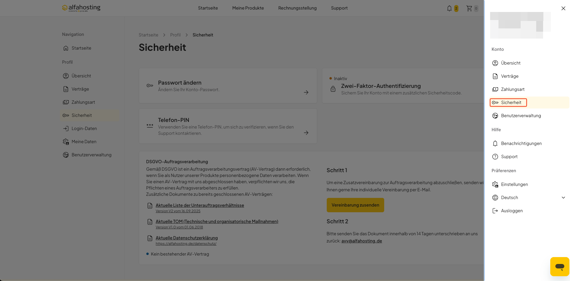 Bereich Sicherheit im Kontomenü von oneHome auswählen