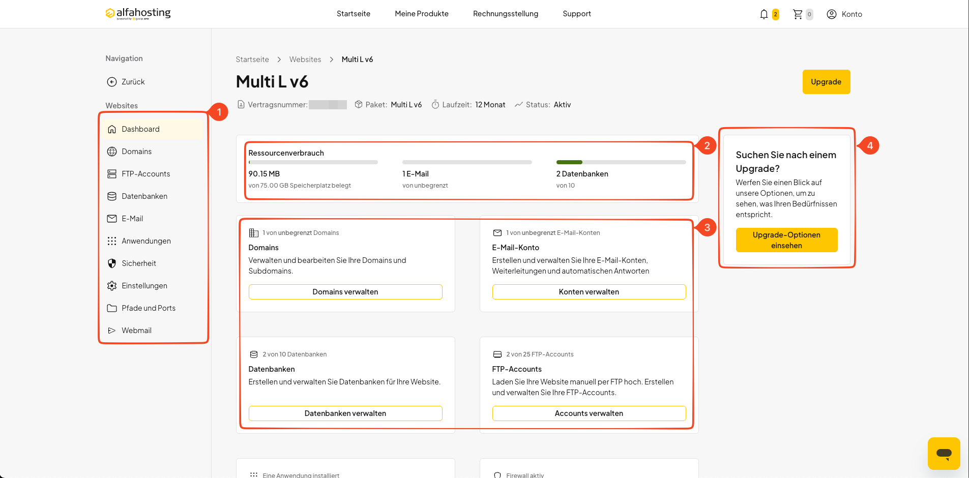 Übersicht der Hosting-Paketverwaltung in oneHome