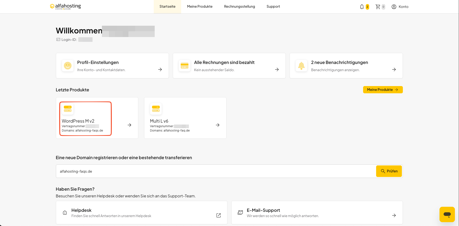 Webhosting- oder WordPress-Hosting-Paket in oneHome öffnen