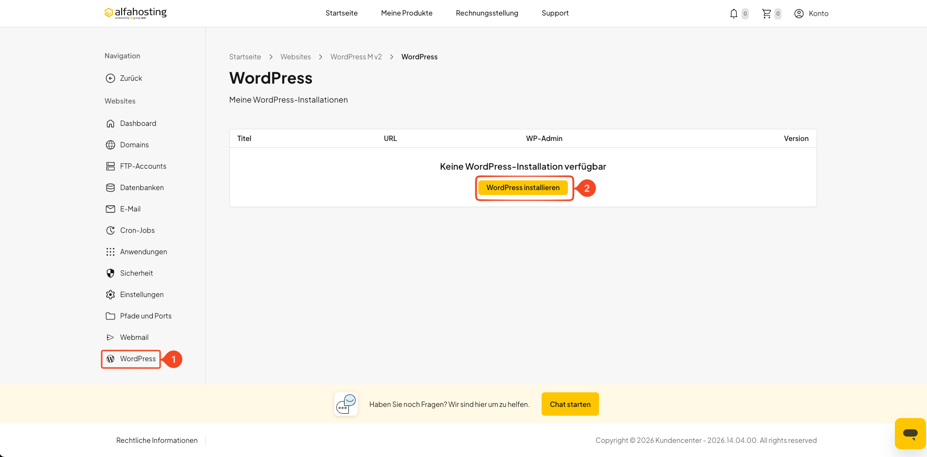 Bereich WordPress öffnen und WordPress installieren auswählen