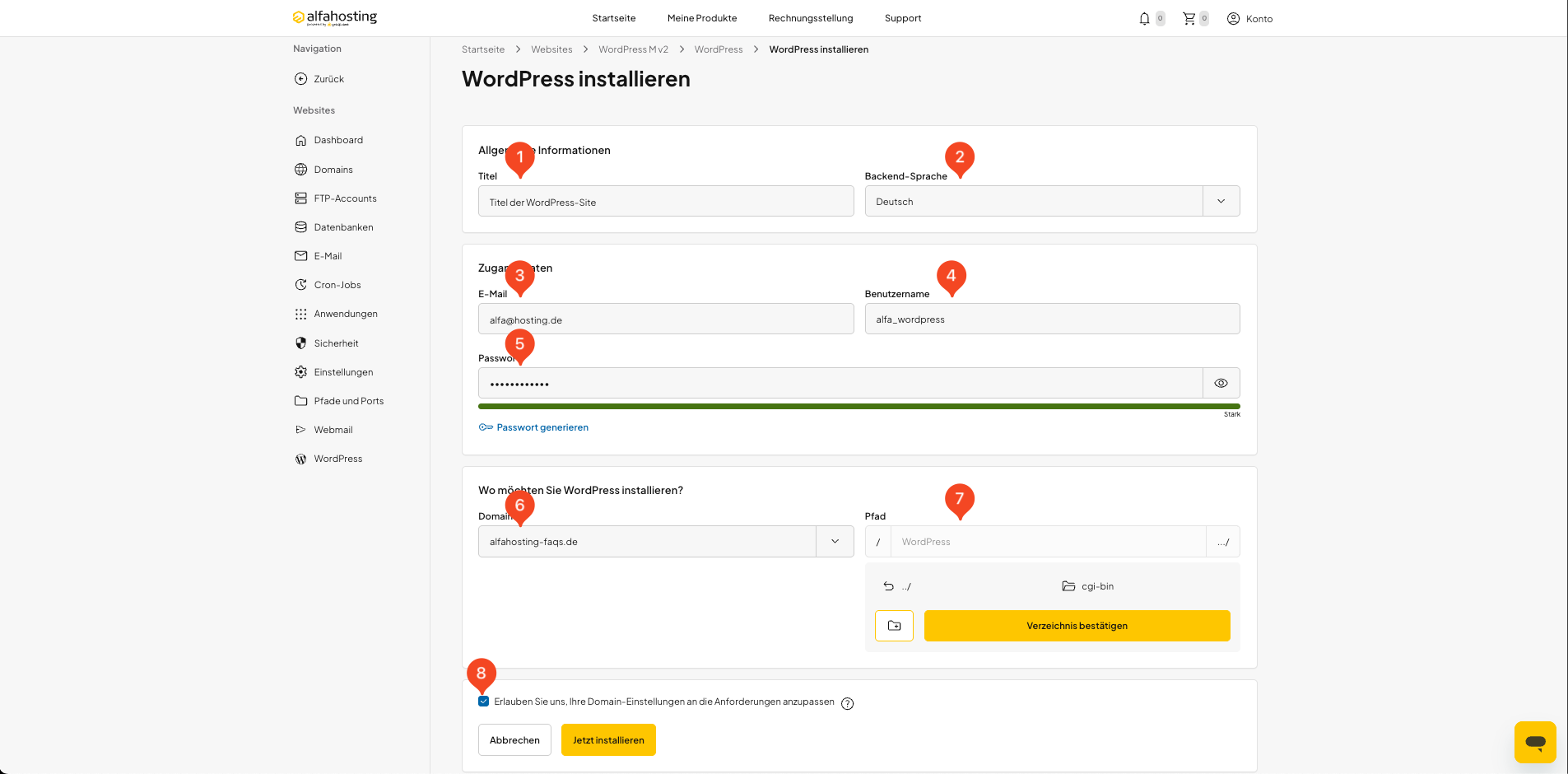Installationsdaten für WordPress in oneHome eingeben