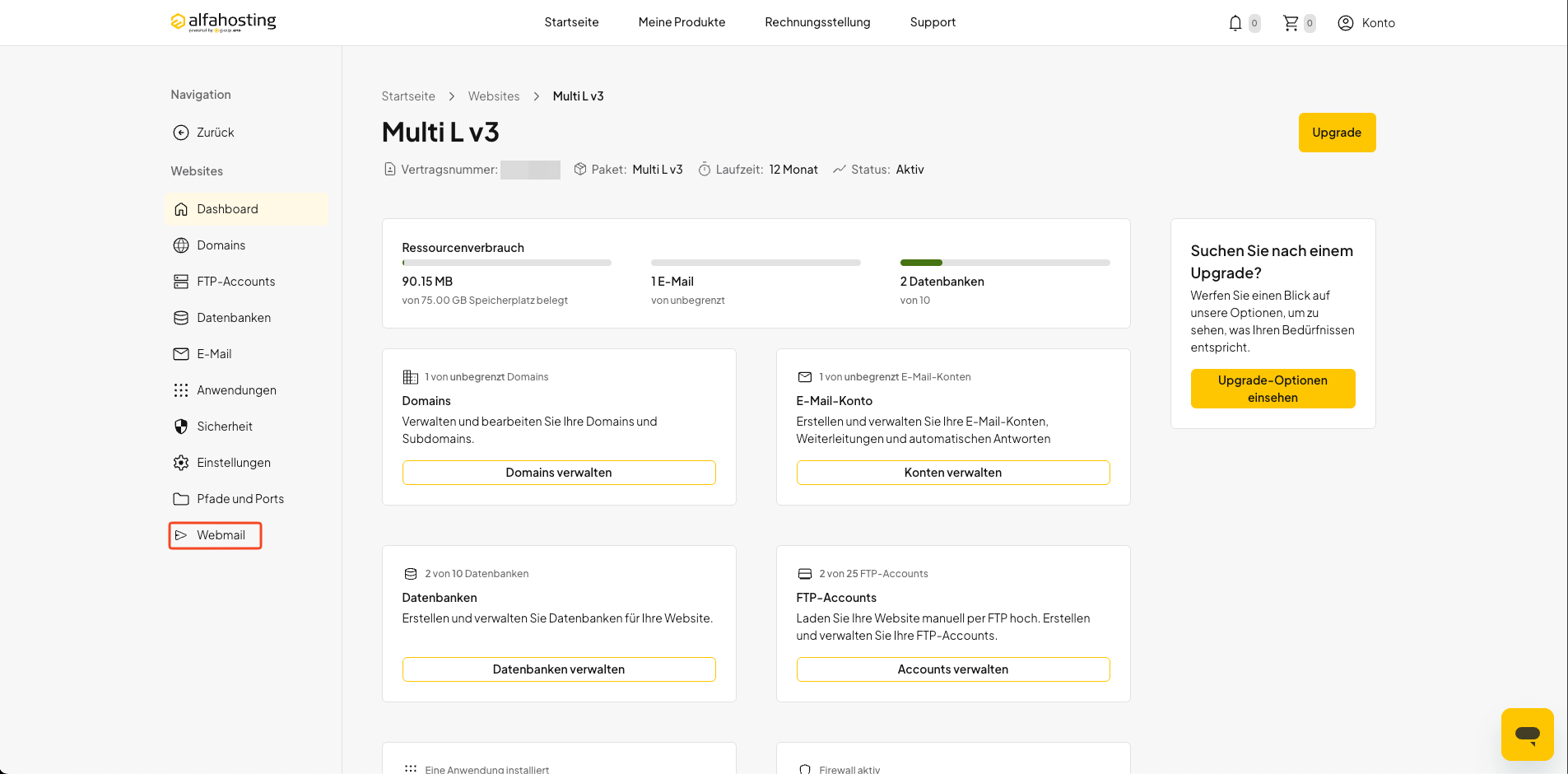 Bereich Webmail in der Paketverwaltung von oneHome öffnen