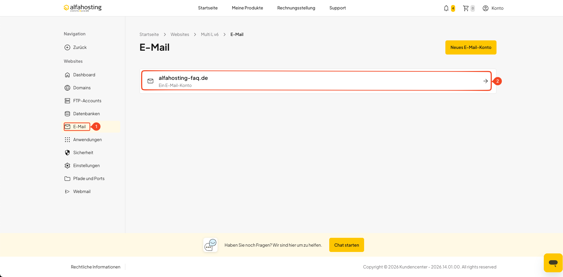 E-Mail-Bereich öffnen und gewünschtes E-Mail-Postfach auswählen