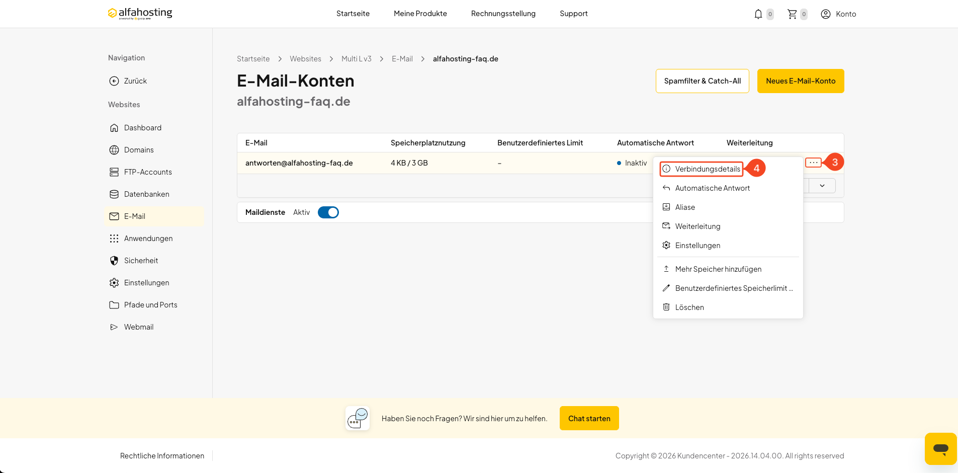 Drei-Punkte-Menü eines E-Mail-Postfachs öffnen und Verbindungsdetails auswählen
