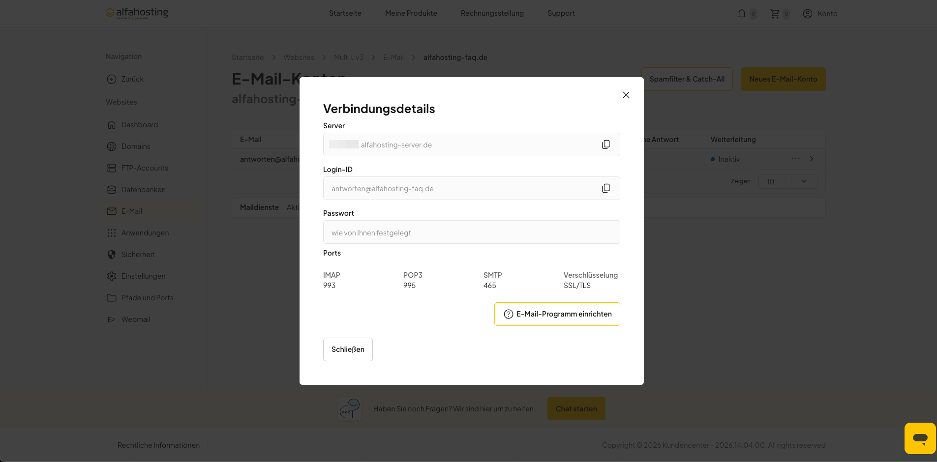 Webmail-Adresse in den Verbindungsdetails eines E-Mail-Postfachs