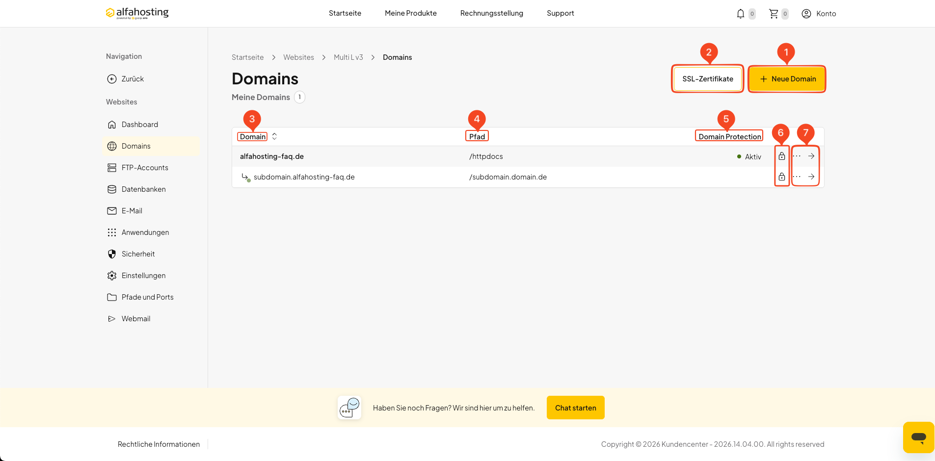 Übersicht der Domains und Subdomains eines Hosting-Pakets in oneHome