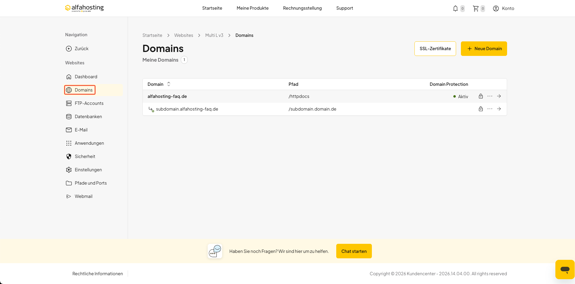 Menüpunkt Domains in einem Hosting-Paket in oneHome