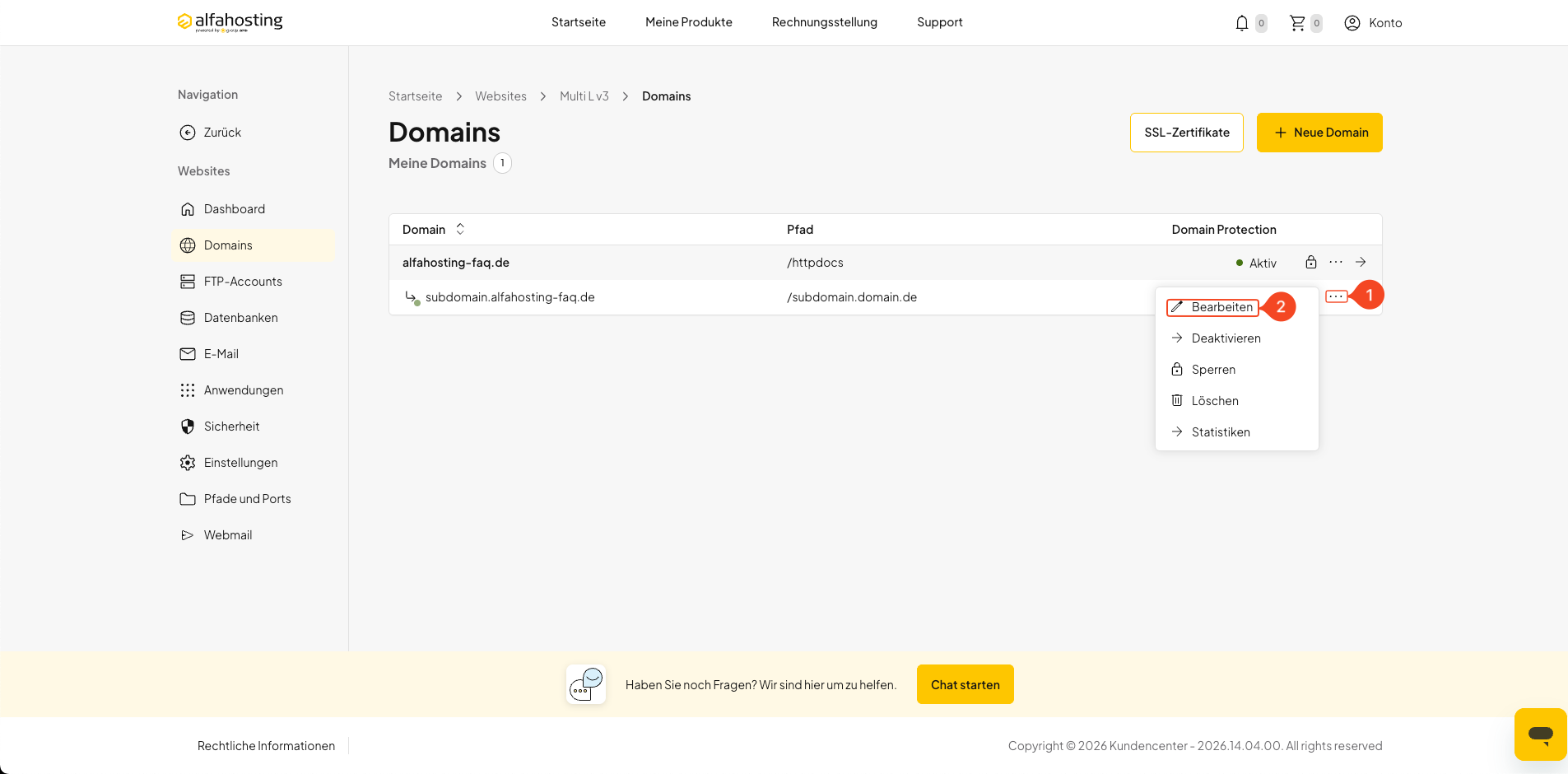 Einstellungen einer Subdomain über das Drei-Punkte-Menü öffnen