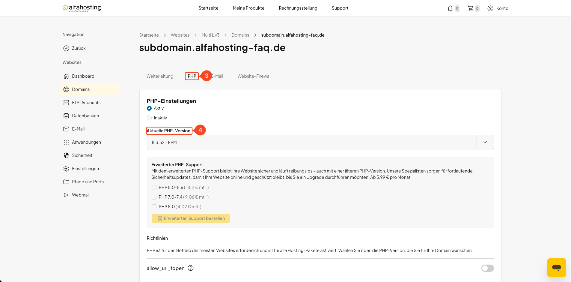 PHP-Version einer Subdomain auswählen und speichern