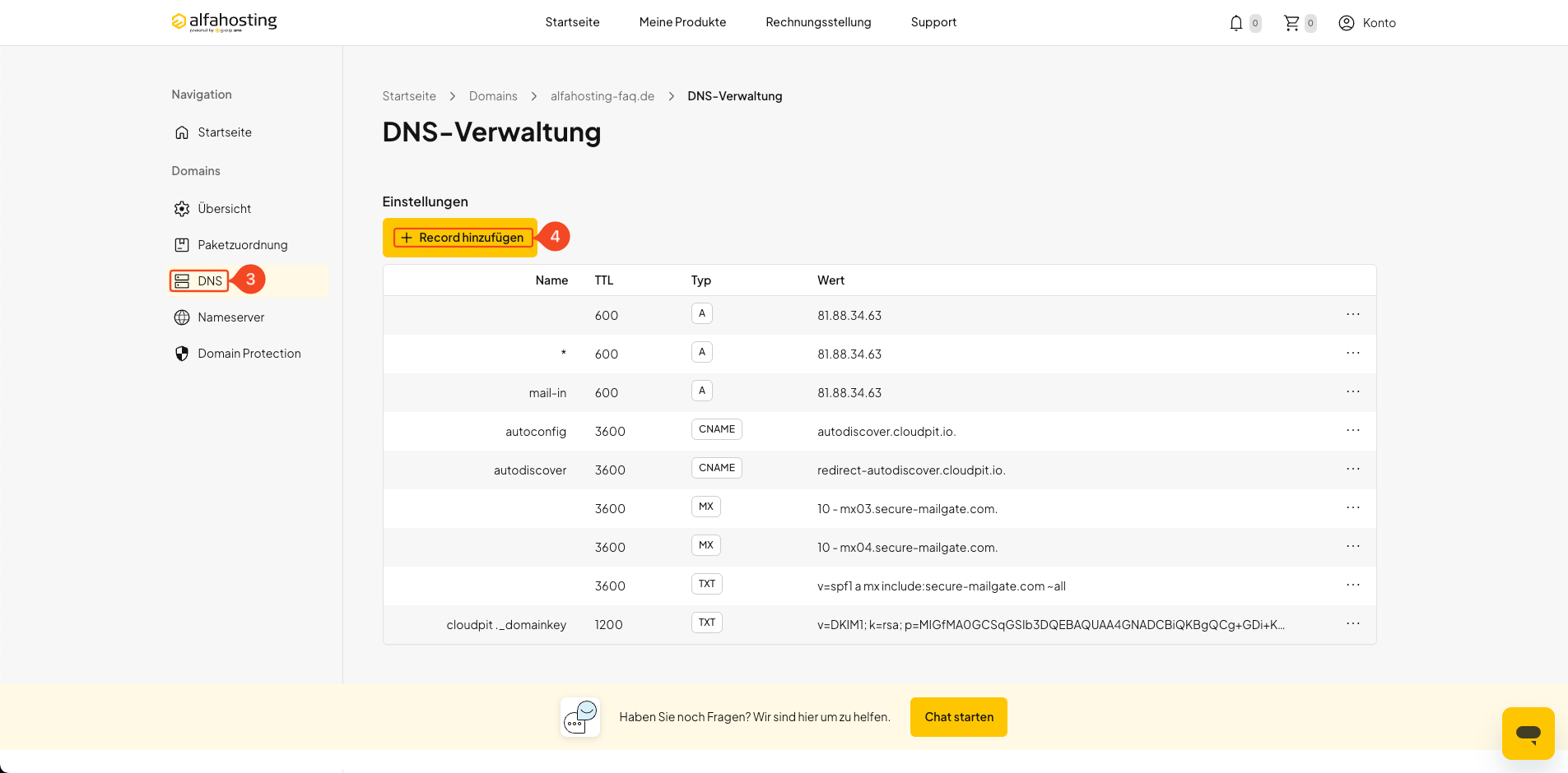 Schaltfläche Record erstellen in der DNS-Verwaltung von oneHome