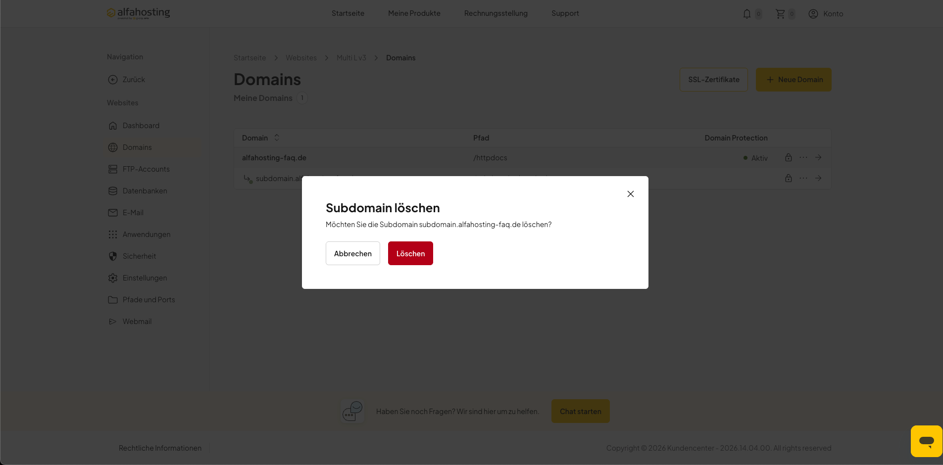 Löschen einer Subdomain in oneHome bestätigen