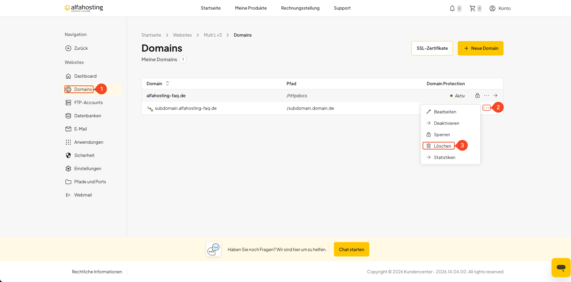 Subdomain über das Drei-Punkte-Menü in oneHome löschen