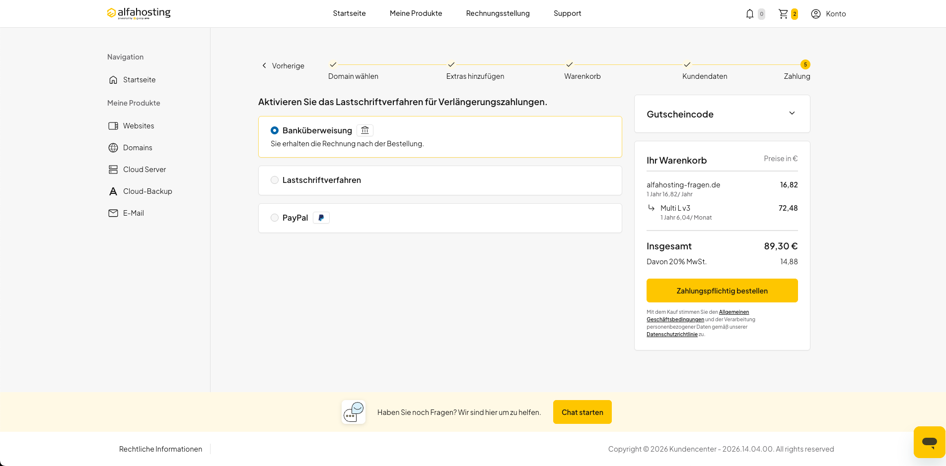 Domainbestellung in oneHome verbindlich abschließen